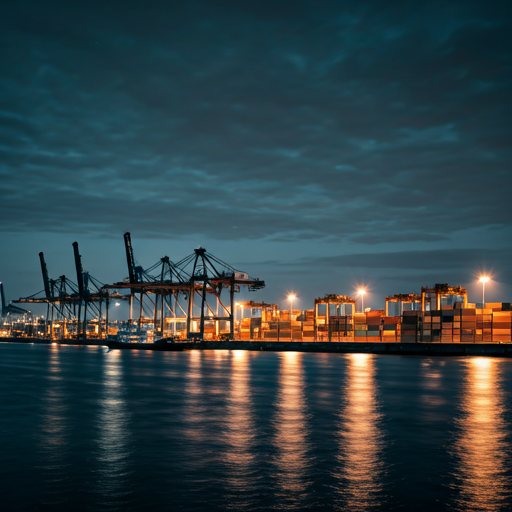 A professional industrial photograph of a massive container port in Rotterdam at dusk. The scene is illuminated by amber dock lights reflecting on the water, showing high-tech cranes and perfectly stacked containers. The mood is efficient, grand, and reflects the premium industrial aesthetic of a European logistics hub with clean lines and deep blues.